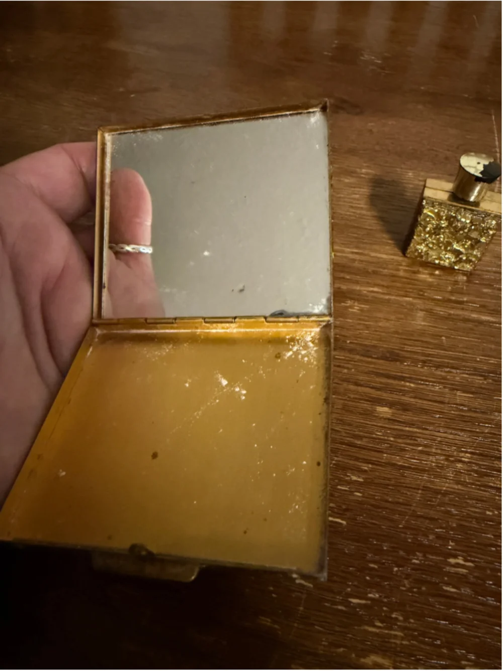 Vintage Gold Tone Vanity Set Powder Compact Mirror & Mini Perfume Bottle Glitter